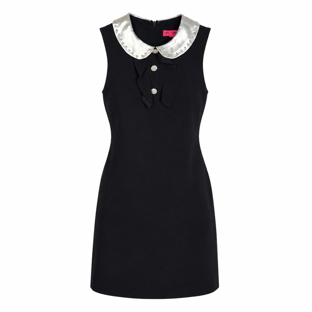 Betsey Johnson Shift Dress 10 Black Silver Rhinestone Collar Mod Retro Preppy